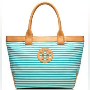 Tory Sophia Canvas Burch Aqua and Tan Striped Tote